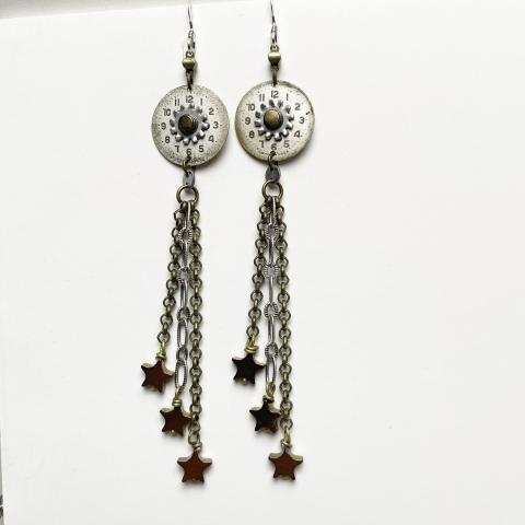 Earrings with Watch Face and Stars on chain